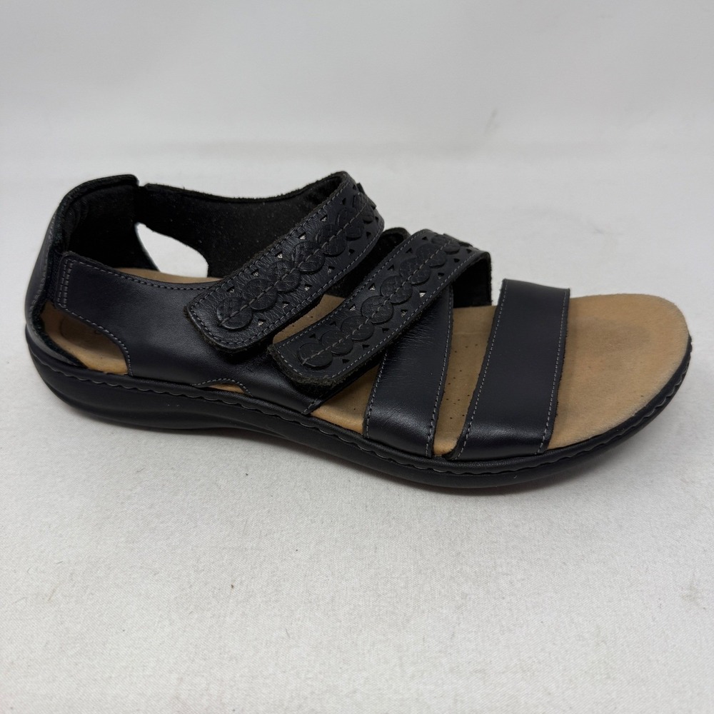 Clarks Women Laurieanne Holly Black Leather Strappy Comfort Sandals Size 9 Boho